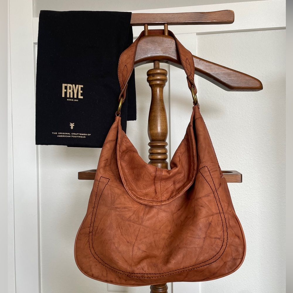 Frye Campus Rivet Hobo Leather Shoulder Bag in a Distressed Cognac Brown - Picture 14 of 14
